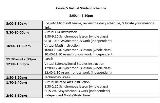 5th Grade Virtual Learning Schedule